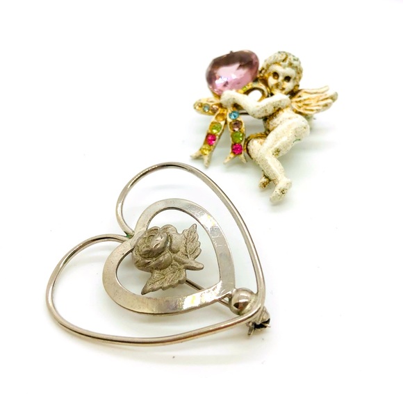 Vintage Nouveau Cherub Heart Rhinestone Angel Brooch & Sterling Heart Brooch - Picture 6 of 9